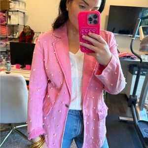New Trendy Pink Denim Blazer with Pearl Accents Size L